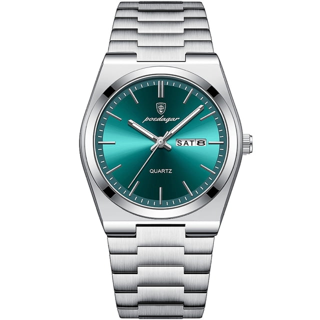POEDAGAR Montre-Bracelet Mode pour Homme en Quartz Vert et Acier Inoxydable avec bracelet en Acier Inoxydable Argent de 40 mm, Grand Cadran Vert et Affichage Analogique. Comprend un Mouvement à Trois Aiguilles en Quartz, des Aiguilles Lumineuses, un Guichet de date et un Cadran en Cristal Minéral. Étanche jusqu'à 30 Mètres pour des Activités Légères comme le Lavage des Mains et la protection contre la Pluie. Fermoir à Bouton-Poussoir et Longueur de bracelet de 23 cm.