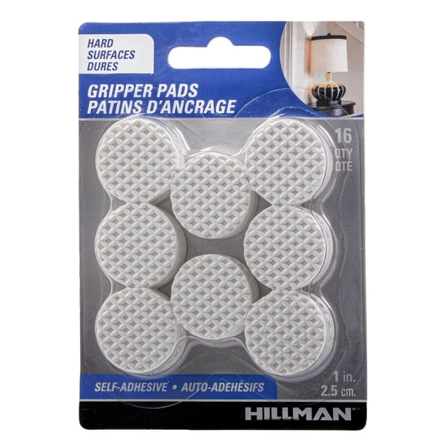 1" Gripper Pads 16 PC by Hillman Hardware Essentials, white round self-adhesive pads with textured surface for hard furniture surfaces, 1 inch (2.5 cm) diameter, designed to prevent slipping and protect floors, also suitable for securing rugs or mats.