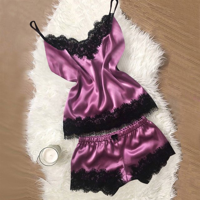 LSLJS Ensemble Deux Pièces pour Femmes en Dentelle Satinée, Camisole à Bretelles, Hauts, Shorts, Pyjama, Ensembles de Lingerie