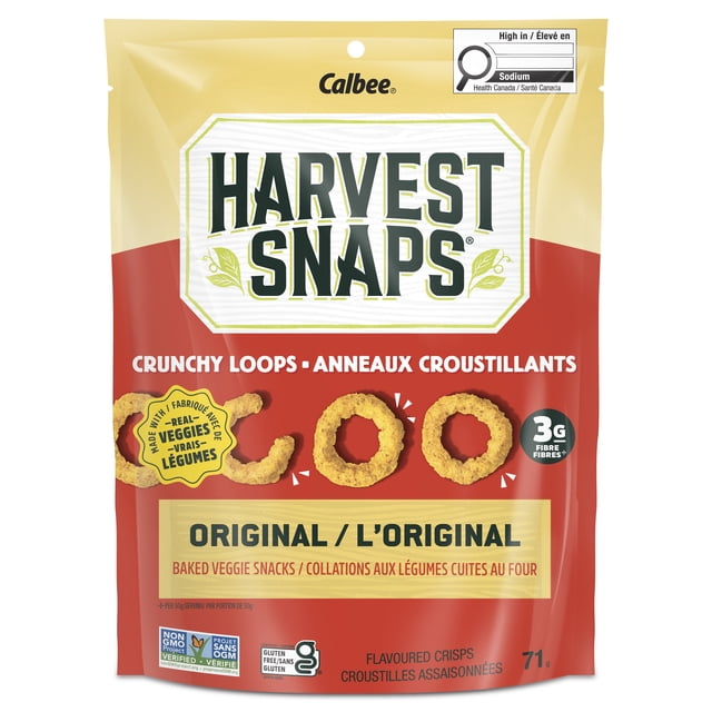 Harvest Snaps Crunchy Loops Lentil Snacks Original, 71G front-facing green bag with Harvest Snaps logo and loop-shaped baked lentil crisps visible in artwork, product name and weight shown; veggie crisps, gluten free and non-GMO per specs, often used as a crunchy salad topper.