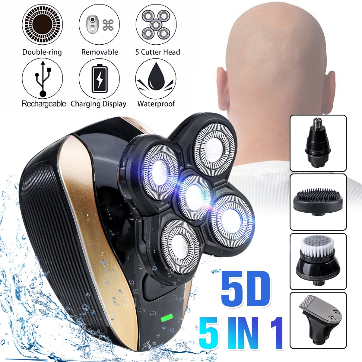5 IN 1 4D Rotary Electric Shaver Rechargeable Bald Head Shaver Beard Trimmer