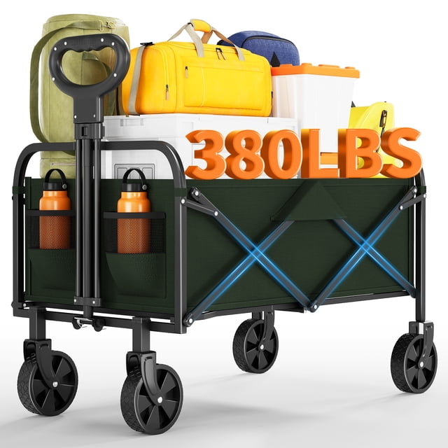 Chariot de Camping Pliable Robuste 220 L – Chariot Utilitaire avec Poignée Télescopique, Porte-Gobelets, Roues Tout-Terrain – Grande Capacité, Portable pour Jardin, Plage, Pique-Nique, Épicerie – Vert