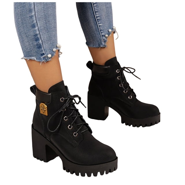Platform Combat Boots for Women Trendy Leather Waterproof Non Slip Chunky High Heel Riding Ankle Booties