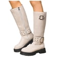 thumbnail image 1 of Fall Mid Calf Combat Boots for Women 2025 Buckles Studded Leather Platform Chunky Cowboy Riding Tall Boots, 1 of 7