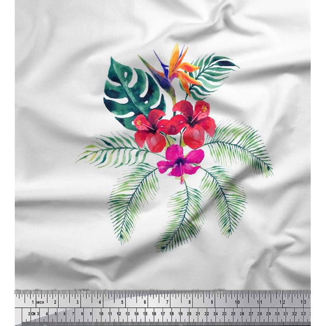 Soimoi Poly Georgette Fabric Floral & Leaves Tropical Decor Fabric Printed Yard 42 Inch Wide