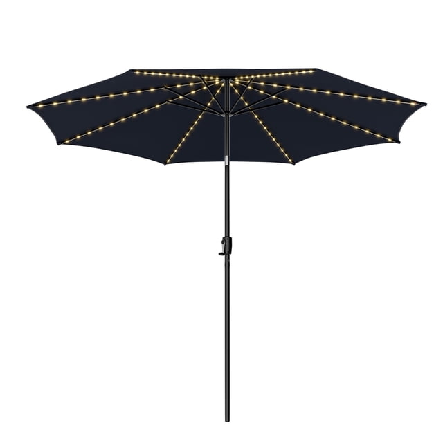 Costway Parasol de Marché pour table de patio de 10 Pi à 112 DEL avec Éclairage Solaire, Bleu Marine, Doté d'Un Auvent en polyester durable avec Dessus Ventilé, de Lumières DEL à Énergie Solaire sur les Baleines et d'Un Mécanisme d'Inclinaison à Manivelle pour un Ombrage Ajustable. Comprend un Panneau Solaire pour un Éclairage Écoénergétique, Idéal pour une Utilisation Extérieure dans les Jardins, les patios et les Zones au Bord de la Piscine.