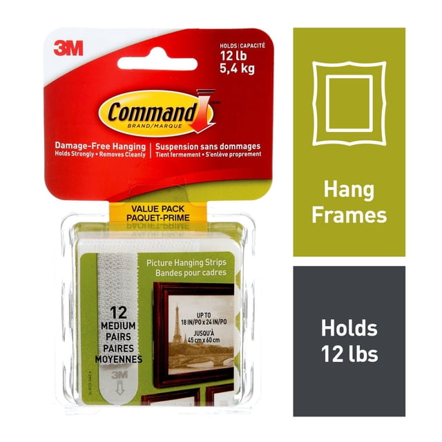 Command™ Picture Hanging Strips 17204-12EF, Medium, Value Pack with 12 pairs of white adhesive strips in clear plastic packaging featuring red and yellow label, designed for damage-free hanging of picture frames up to 12 lbs (5.4 kg) on various surfaces, allowing easy removal and repositioning without residue.