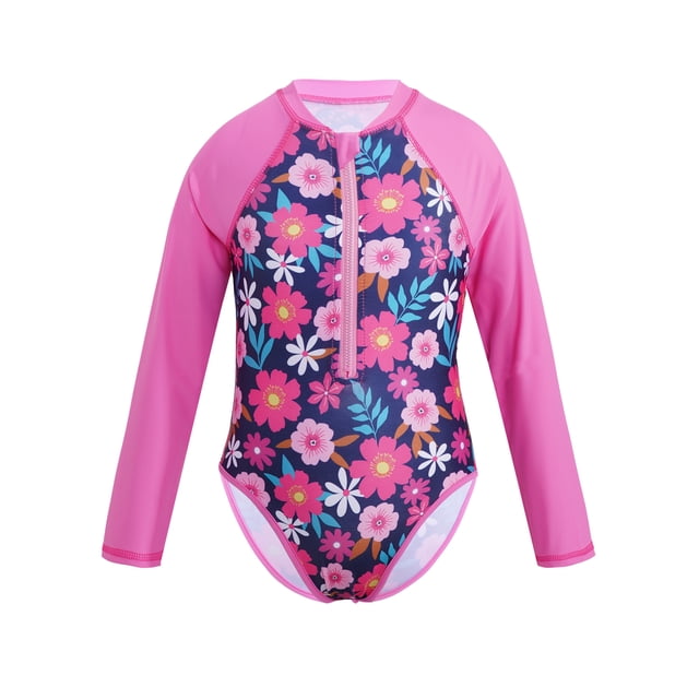 YONGHS Kids Girls Long Sleeve One Piece Swimsuits Zipper Rash Guard Swimwear UV Protection Bathing Suit Rose Red 4
