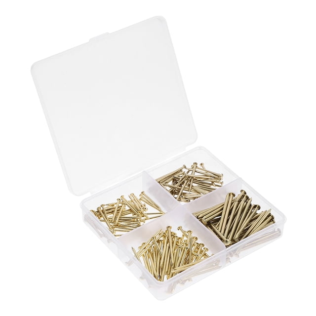 1 Set Dry Wall Nails For Hanging Hanging Nails Assortment Hanging Nails Kit Decorative Nails For Hanging Picture Hanger Nails. The image displays a transparent plastic storage box with four sections, each filled with golden steel nails in different sizes. These nails are ideal for hanging picture frames, wall decorations, and wood panels. The kit is compact and portable, making it convenient for home improvement and DIY tasks.