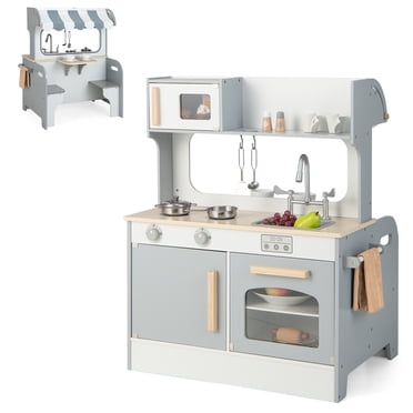 Costway Cuisine de Jeu et Restaurant 2 en 1 pour Enfants, Cuisine en Bois Double Face pour Tout-Petits