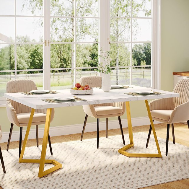 Tribesigns Modern Dining Table, 55 inches Dinner Table for 4 People, White Faux Marble Small Kitchen Table with Gold Metal Legs