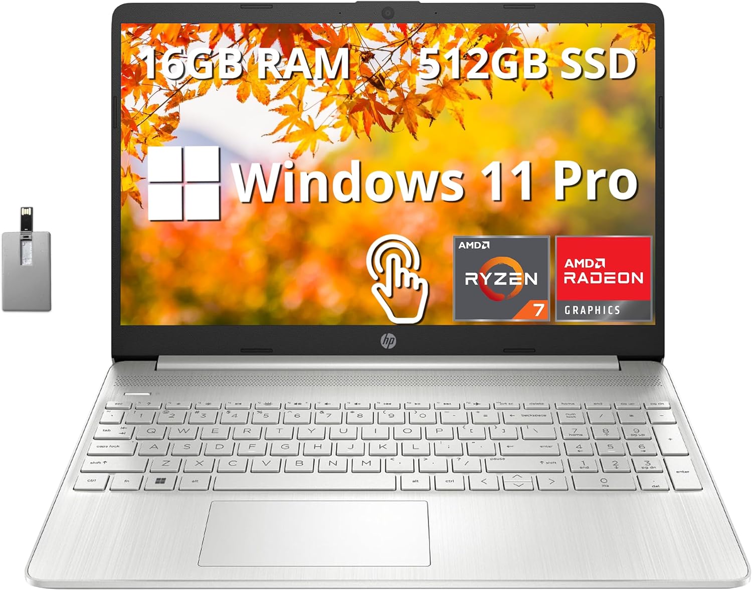 HP Pavilion Portable à Écran Tactile 15,6 Po FHD, AMD Ryzen 7 5700U, 16 Go de RAM, SSD 512 Go, Graphiques AMD Radeon, Clavier Pleine Taille, Caméra Web HD, Windows 11 Pro, Argent, Carte USB Hotface 32 Go