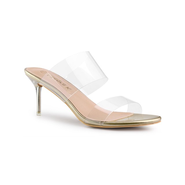 BLISSFUL STEP Women's Clear Slide Stiletto Heels Open Toe Slip On Sandals Gold 7