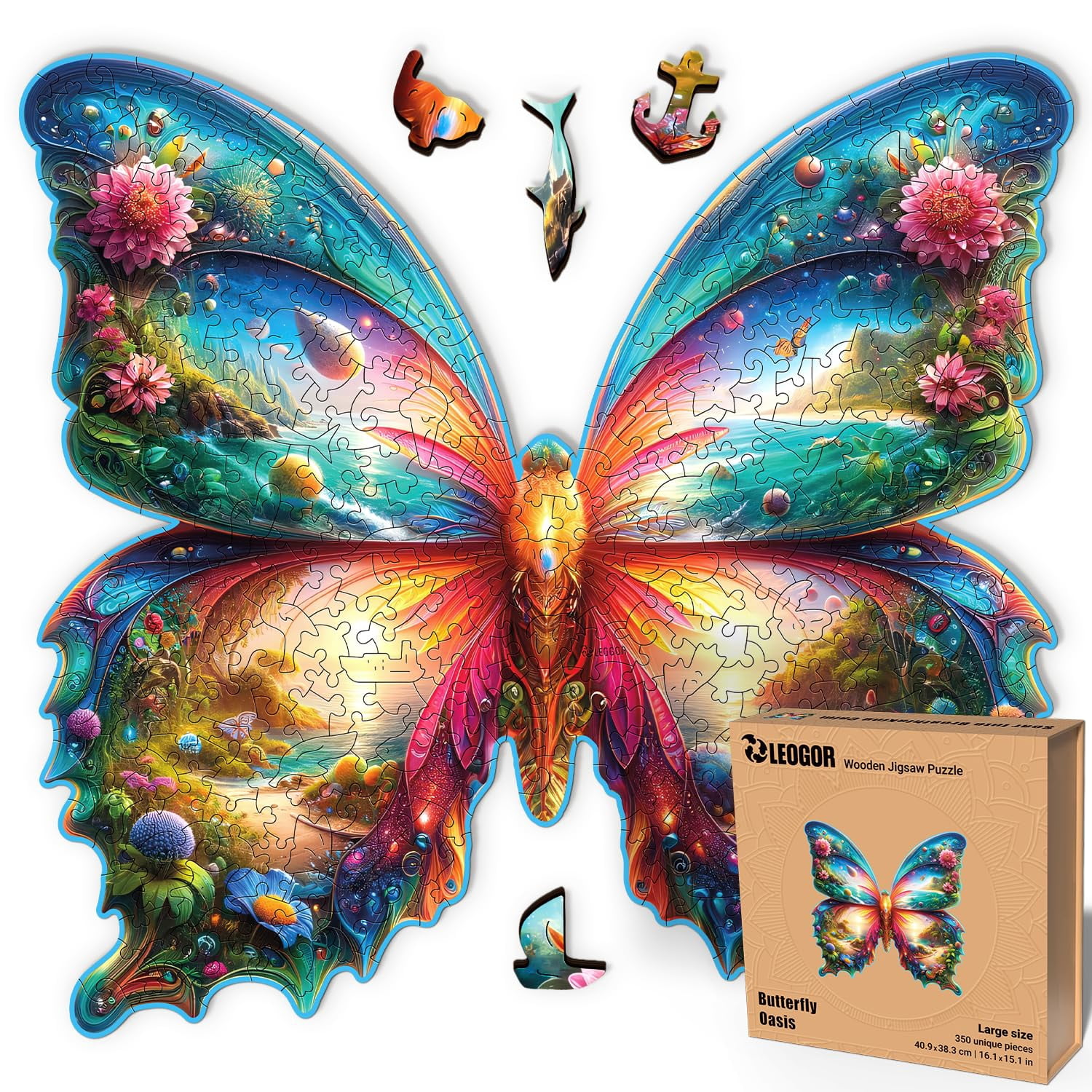 LEOGOR Wooden Jigsaw Puzzles for Adults 350 Pieces (16.1 × 15.1 in) Butterfly Puzzle Extra-Thick 5mm Wood Colorful Mosaic with Unique Animal Shapes Premium Artistic Gift for Adults and Teens