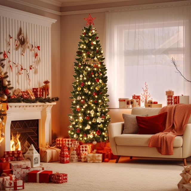 EDTara Pre-Lit Slim Artificial Christmas Tree, 6/7.5/9/12ft, Pencil Style with Remote Control, Hinged Construction & Metal Stand for Home