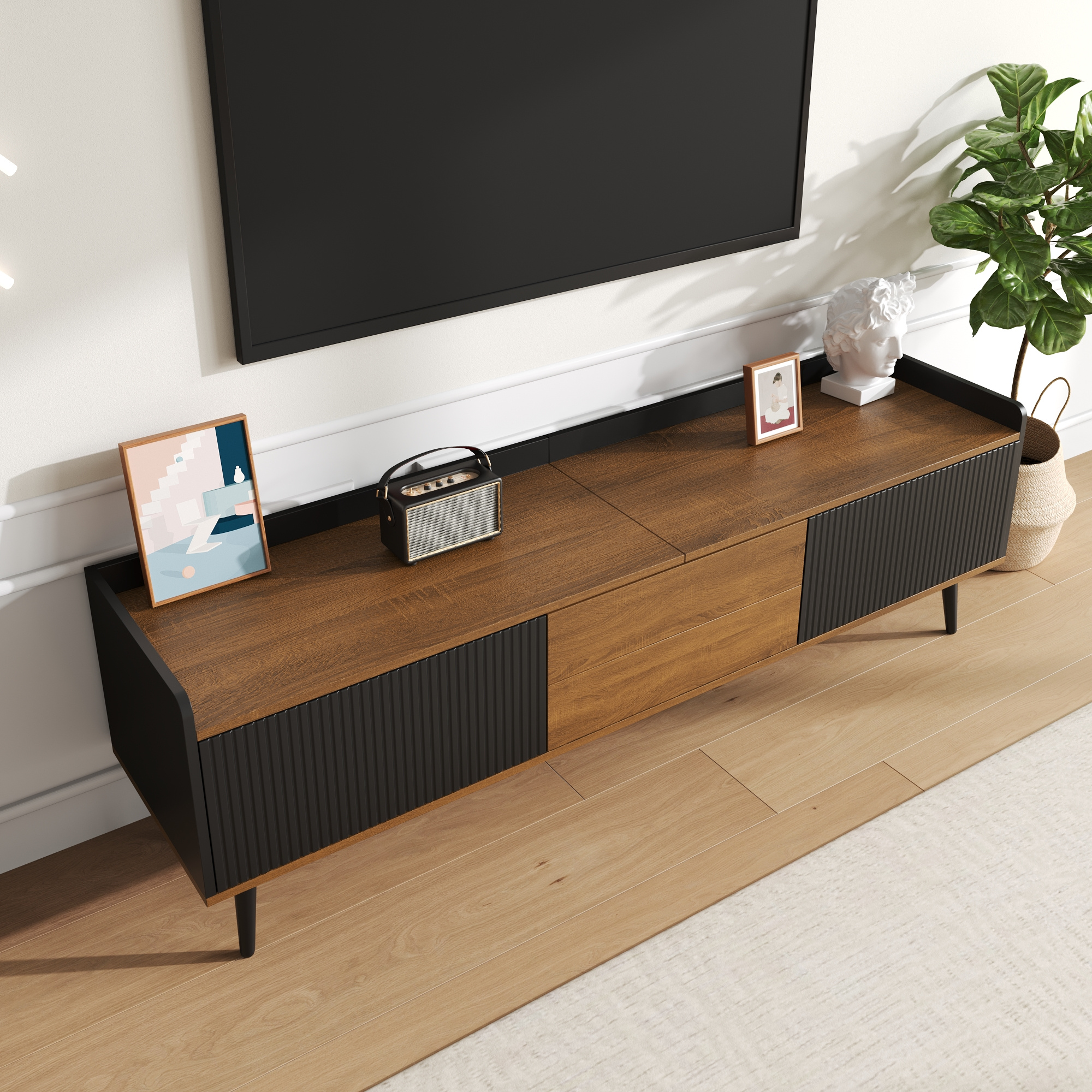 Noble House Meuble TV, Planche Basse avec Trois Portes, texture Fine. Noir
