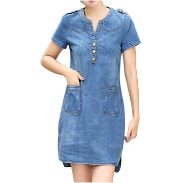 Bigersell Wedding Dresses Deals Female Button Up Short Sleeve Mini Denim Dress Style D-23 Cocktail Dress Ladies Regular Summer Dresses , Light Blue XXL