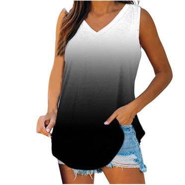 Timegard Tank Tops for Women Deep V-Neck Gradient Color Sleeveless Tshirts Casual Loose Top Blouse