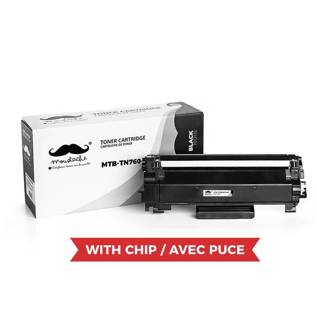 3/Pack Compatible Black Toner Cartridge High Yield for Brother TN760 with Chip by Moustache®. Includes three black toner cartridges compatible with Brother DCP, HL, and MFC series printers such as DCP-L2550DW, HL-L2350DW, and MFC-L2710DW. Each cartridge has a high yield capacity of 3000 pages and a shelf life of 24 months. The packaging features the Moustache® logo and product details.