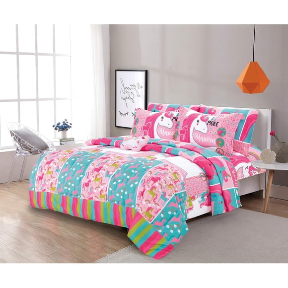 Sapphire Home 6 Piece Unicorn Bed in a Bag Twin Bedding Set for Girls Kids Comforter Set with Bed Sheets Pillow Case Toy Pillow Unicorn Bedroom Bedding Set for Girls Twin Size
