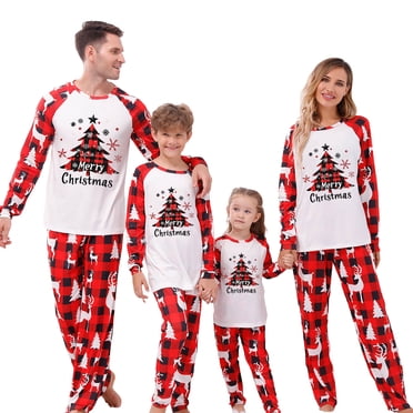 Erwazi Christmas Family Matching Pajamas Sets PJ's Sleepwear Christmas Trees Printed Long Sleeve Shirts and Plaid Pants 2 Piece Soft Loungewear Pjs Set