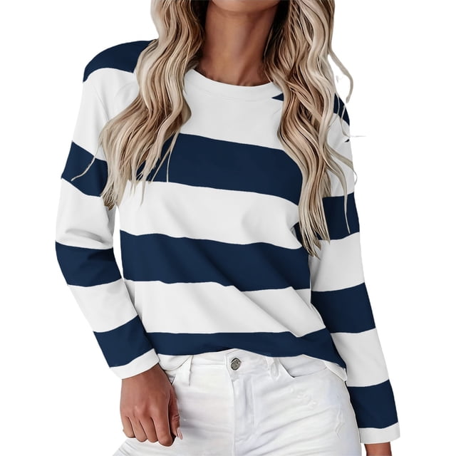 ManxiVoo T-Shirt à Manches Longues à Rayures Imprimées pour Femme, Col Rond, Confortable, T-Shirt Graphique d'Automne, Blouse Légère, Taille M, Bleu Marine