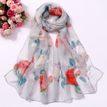 XZNGL Silk Scarves Women Fashion Women Roses Printing Long Soft Wrap Scarf Simulation Silk Shawl Scarves Silk Scarf for Women