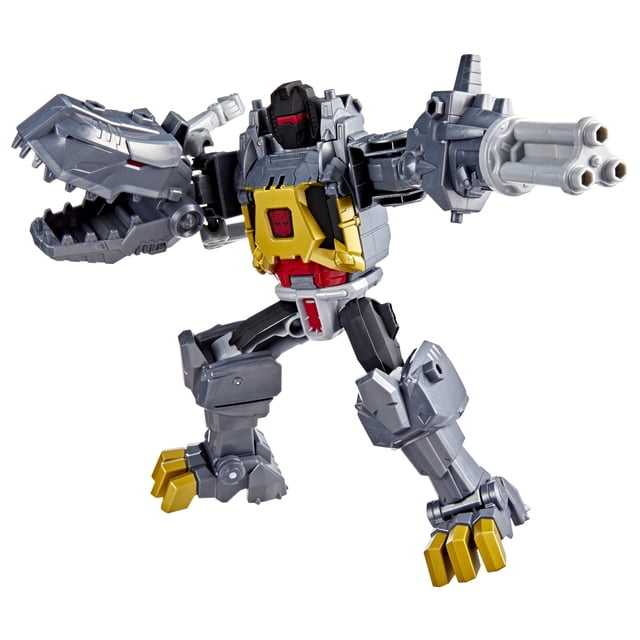 Transformers CYBERWORLD Grimlock Figurine d'Action Mord et Combat en mode robot avec Détails Argent et Or, Panneau de Poitrine Autobot Rouge, Bras Tête de Dinosaure Mordant, et Bras blaster à Triple Baril Rotatif, Posé sur un Fond Blanc, Idéal pour le Jeu Imaginatif pour Enfants de 6 Ans et Plus.