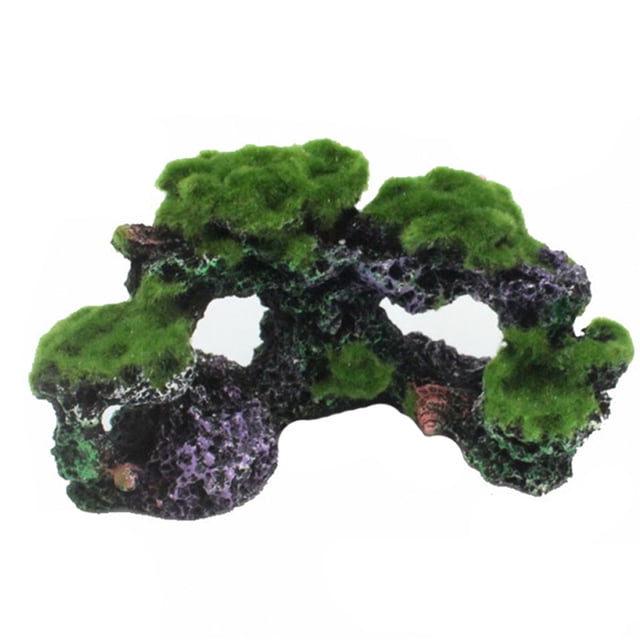 Aquarium Landscape Simulated Decorative Resin Aquatic Cave Fish Tank Decoration featuring a green and gray multicolor design with a textured resin surface. The ornament resembles a natural aquatic cave with moss-like green accents and openings for fish to hide. Suitable for enhancing the aesthetic of aquariums or fish tanks while providing a safe, non-toxic environment for aquatic life. Dimensions vary by model, with sizes ranging from 4.33 x 3.54 x 3.94 inches to 11.5 x 6 x 10.6 inches.