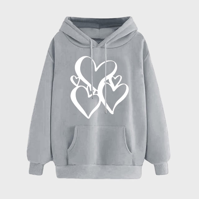 Chandail à Capuchon d'Hiver à Imprimé pour Femme, Chandail à Enfiler à Manches Longues, Chandail Confortable en Gris. Ce Chandail à Capuchon Décontracté et Tendance Présente un Motif de Cœur Blanc à l'Avant, une Capuche avec Cordons de Serrage Ajustables, Manches Longues et une Poche Kangourou avant. Fabriqué en Tissu polyester Extensible et Respirant, Il Convient au Port Quotidien au Printemps Ou en Hiver. Offert en Tailles P à TTTG.