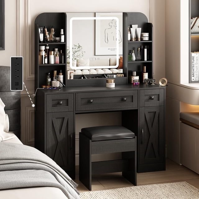 Vabches Large Vanity Set with Lighted Mirror & Stool, Makeup Vanity Desk with Large Storage Drawers and Shelves, Time and Temperature Display