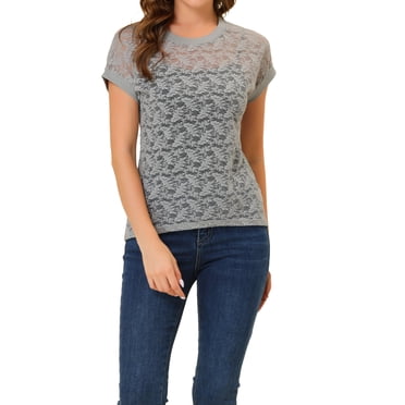 INSPIRE CHIC Women's Casual Sheer Short Sleeves Floral Lace Top S Gray