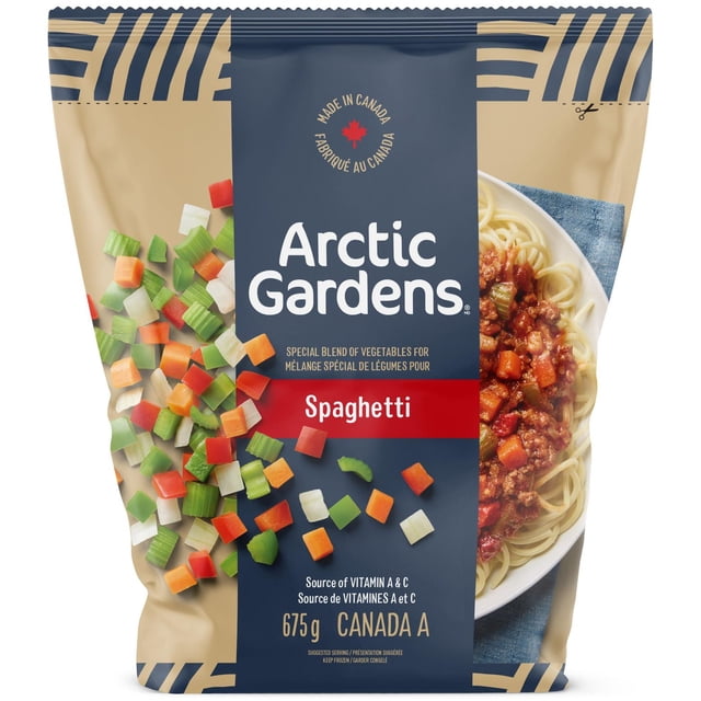 Arctic Gardens Spaghetti Mix 675g bag with a special blend of diced vegetables including carrots, celery, and green peppers for spaghetti seasoning, featuring a blue and beige package with a Canadian origin label, source of vitamins A and C, also suitable for enhancing other pasta dishes.