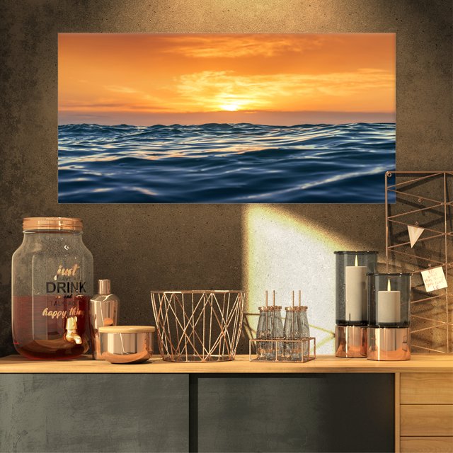 Blue Waves Dancing at Yellow Sunset - Beach Photo Canvas Print