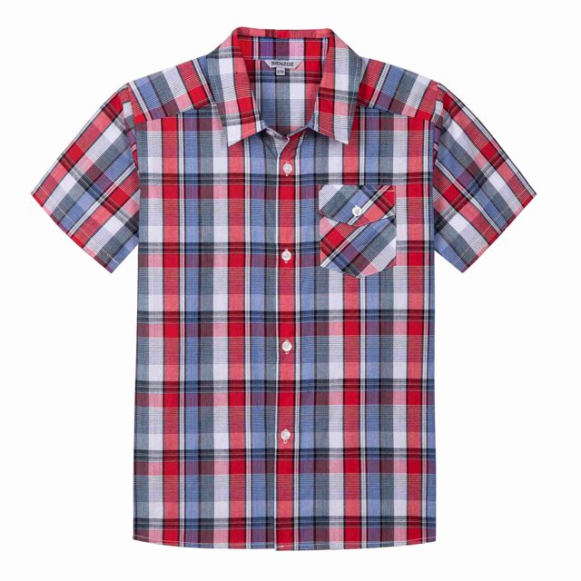 Bienzoe Chemise à Manches Courtes en Coton à Carreaux pour Garçon Rouge/bleu 7/8