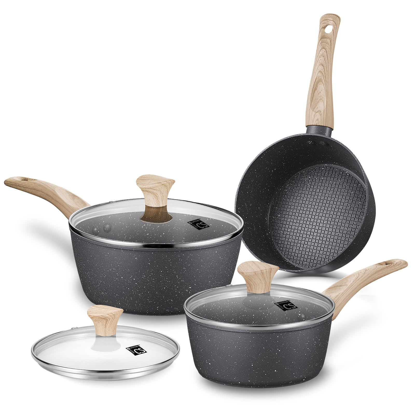 CS KOCHSYSTEME 1.3QT&2.3QT&2.8QT Black Saucepan Set - Black Marble Nonstick Saucepan Set with Lid, Heating Fast, Easy to Clean, Comfortable Handle, Suitable for All Stovetops Removable Handle