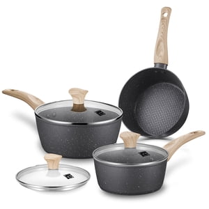 CS KOCHSYSTEME 1.3QT&2.3QT &2.8QT Ensemble de casseroles noires - Set de casserole antiadhésive en marbre noir avec couvercle, chauffage rapide, facile à nettoyer, poignée confortable, adapté à tous les stovetops Poignée amovible