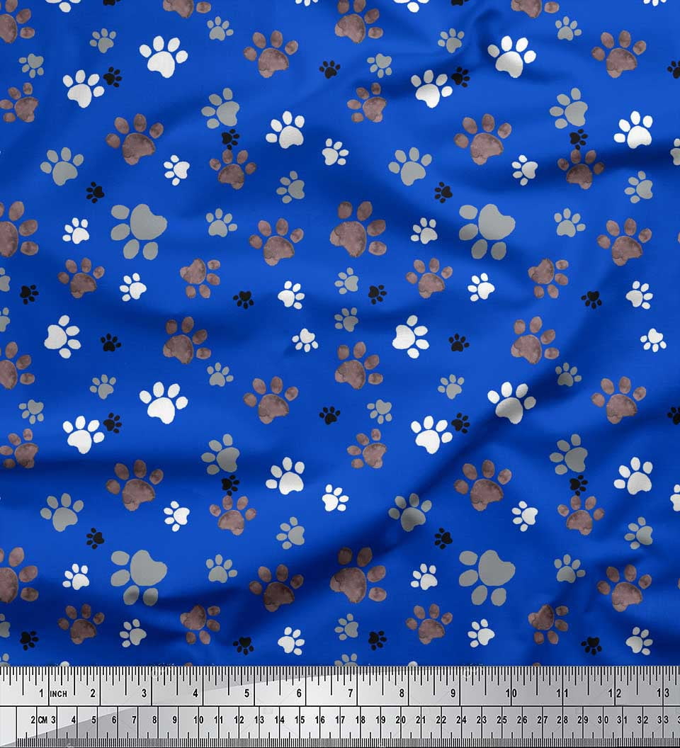 Soimoi Blue Silk Fabric Paw Dog Print Fabric by Yard 42 Inch Wide