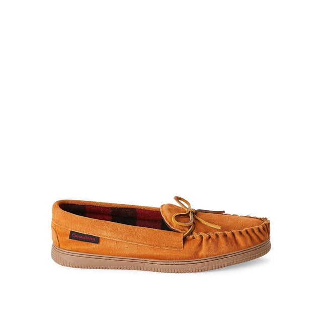 CANADIANA Pantoufle de Confort pour Homme à Profil Latéral avec Empeigne en Suède Beige, Bout Rond, Surpiqûres de Mocassins, Détail Nœud, Semelle Extérieure en Caoutchouc et Doublure Intérieure à Carreaux Rouge-Noir. style à Enfiler Idéal pour le Détente et le Confort Intérieur Décontracté pour Homme.