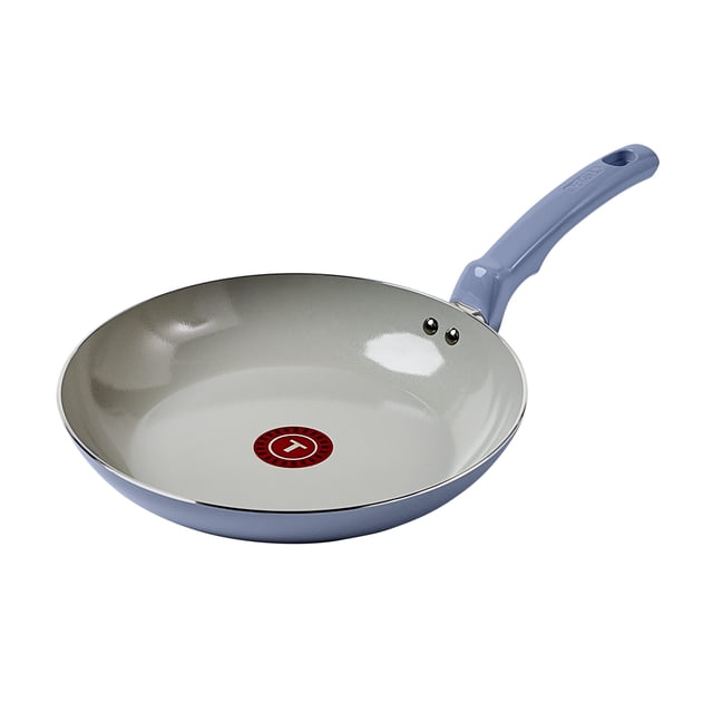 T-fal Poêle à Frire Essentielle en Céramique avec Intérieur Antiadhésif en Céramique Gris Pâle et Extérieur en Aluminium Recyclé Bleu, Dotée d'Un Indicateur de Chaleur Thermo-Spot Rouge et d'Une Poignée Bleue Qui Reste Froide, compatible avec Toutes les Tables de Cuisson sauf l'Induction et le Four jusqu'à 350 °F, Convient à la Cuisson Quotidienne.