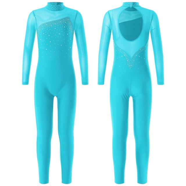 TiaoBug Girls Ice Skating Jumpsuit Rhinestone Mock Neck Competition Figure Skating Dancewear Lake Blue 14