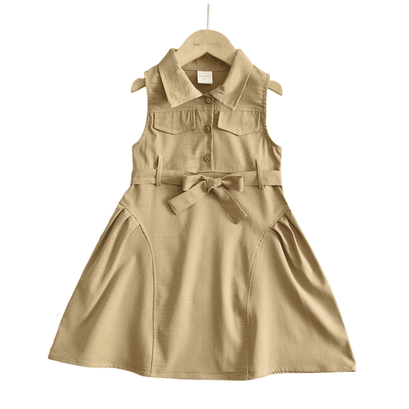 LYMAYTER 1-7Y Girls Summer Sleeveless Cargo Dress Toddler Button Down Lapel Collar With Belt Casual Dresses