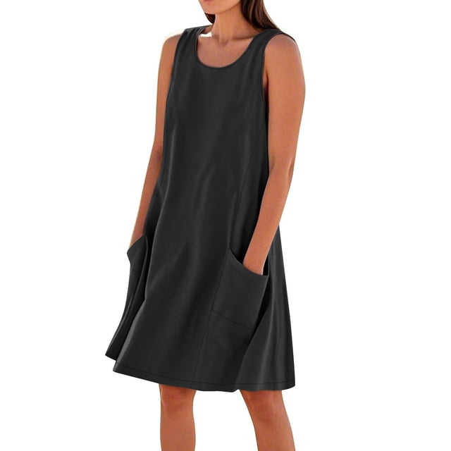 Kyusrd Robe Débardeur d'Été pour Femmes Robe Courte Col Rond Sans Manches Robe T-Shirt Robe Trapèze Robe en Lin avec Poche