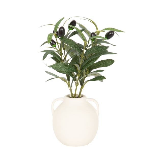 DesignOvation 11"H Artificial Olive Plant in White Ceramic Pot with lifelike green leaves and dark olives, set in a round white ceramic planter with handles, ideal for indoor garden planters and low-maintenance home or office decor.
