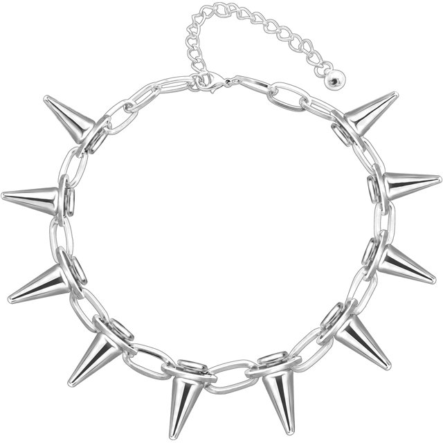 GHSDFBB Girls' Rivets Chokers Punk Goth Handmade CCB Material Choker Necklace in silver, featuring bold spike rivets and a chain-link design. Suitable for alternative fashion styles, including rock and gothic aesthetics.