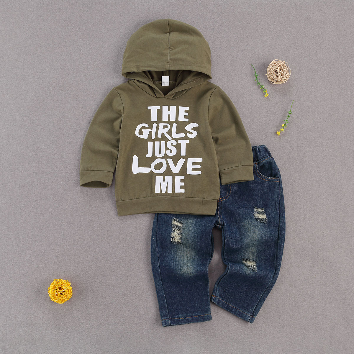 Baby Boy Hooded Sweater + Jeans, Letter Print, Elastic Waist Hole Design Spring Clothing
