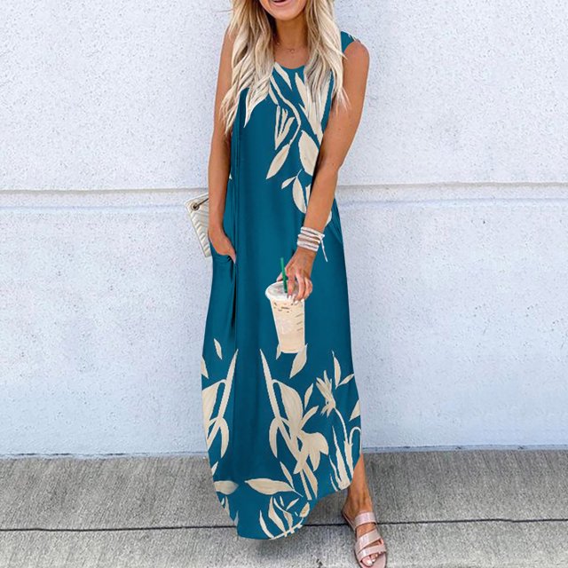 Lenago Robe de Maternité Grande Taille pour Femme Imprimée Sans Manches à Col Rond Longue Robe Robes d'Été de Plage en Liquidation