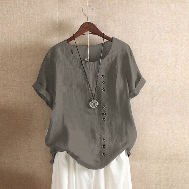 Shiusina Womens Casual Loose Button Linen Plus Size Daily Boho Tanic T-Shirt Blouse Tops Grey