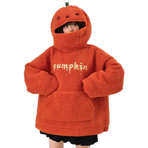 Women's Halloween Plush Hoodie Fall Winter Fashion Pumpkin Head Plush Holiday Sweatshirt Fuzzy Pullover