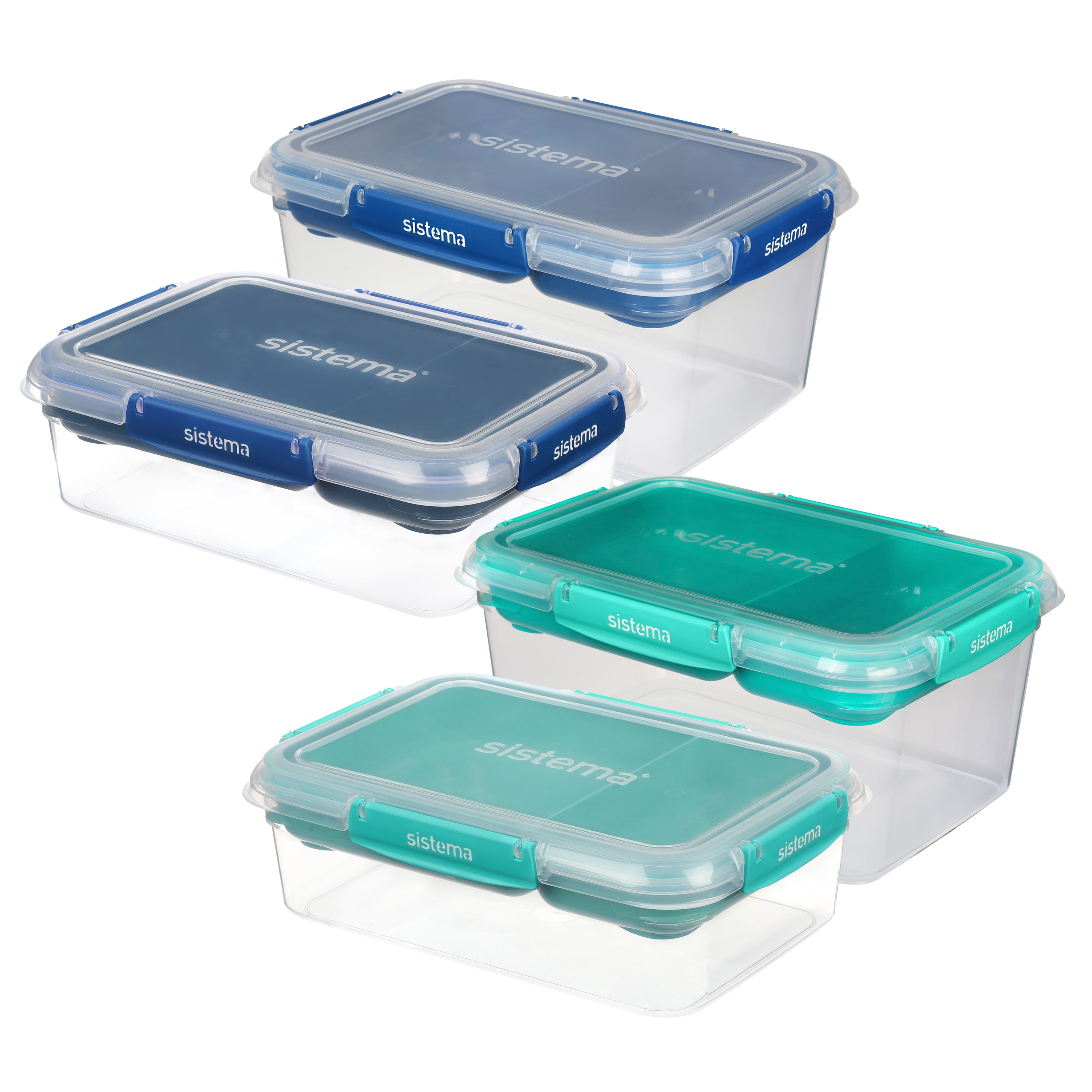 Sistema To Go Stax Leakproof Food Storage Containers, 2 x 1 L & 2 x 2.2 L, Airtight, Stackable, Easy Locking Clips, BPA-Free, Blue & Teal (Colour Not Selectable)
